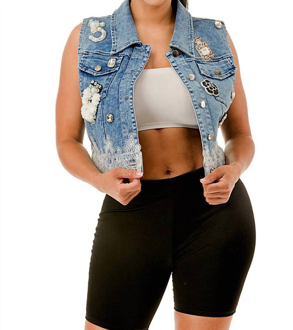 NEW SALT embellished brooch & lace trim cropped vest in denim